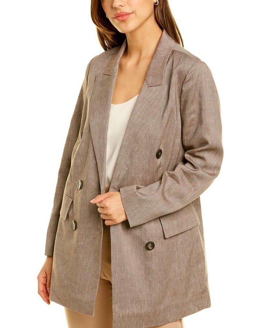 Clothing * | Women Peserico Double-Breasted Wool & Linen-Blend Jacket Brown