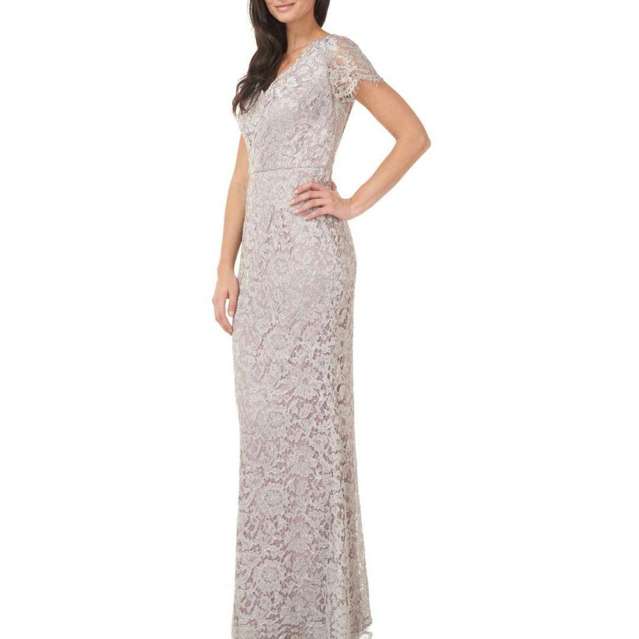 Clothing * | Js Collections Womens Lace Metallic Evening Dress Silver/Nude