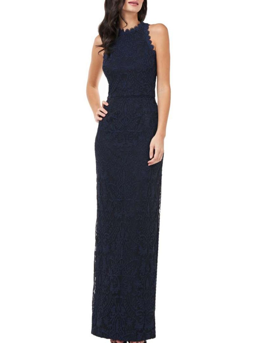 Clothing * | Js Collections Womens Embroidered Scalloped Evening Dress Navy