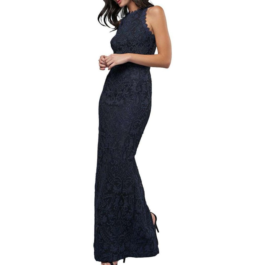 Clothing * | Js Collections Womens Embroidered Scalloped Evening Dress Navy