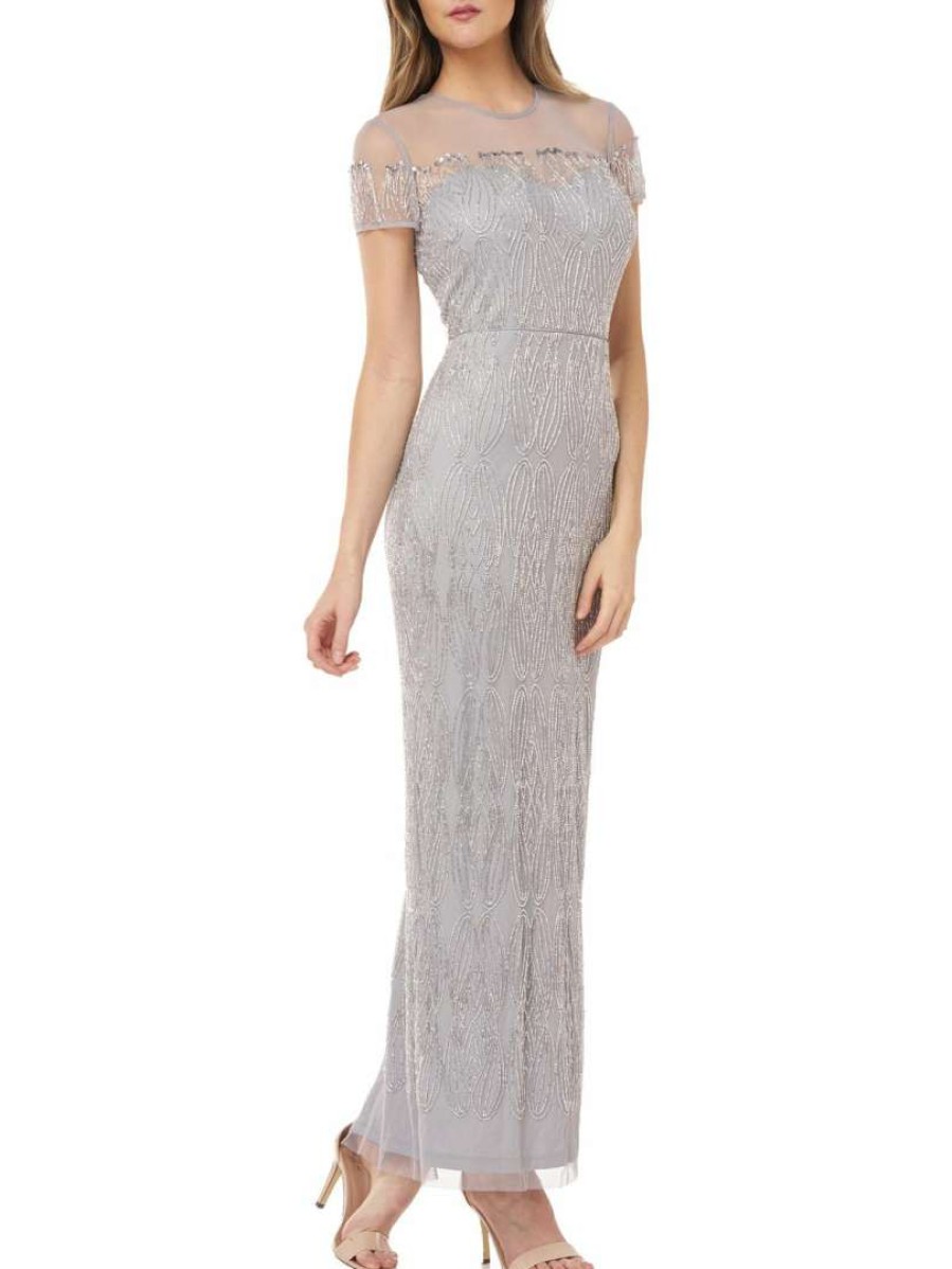 Clothing * | Js Collections Womens Beaded Illusion Yoke Evening Dress Silver