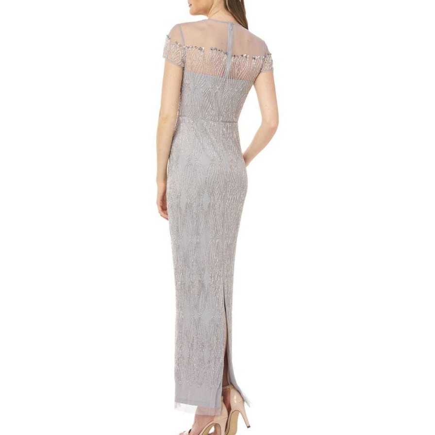 Clothing * | Js Collections Womens Beaded Illusion Yoke Evening Dress Silver