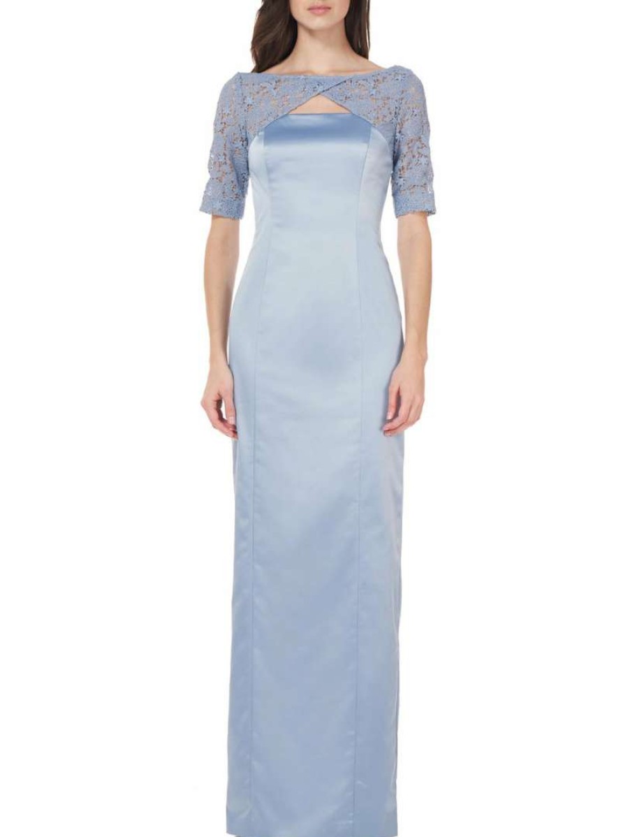 Clothing * | Js Collections Womens Satin Lace Sleeves Evening Dress Light Blue