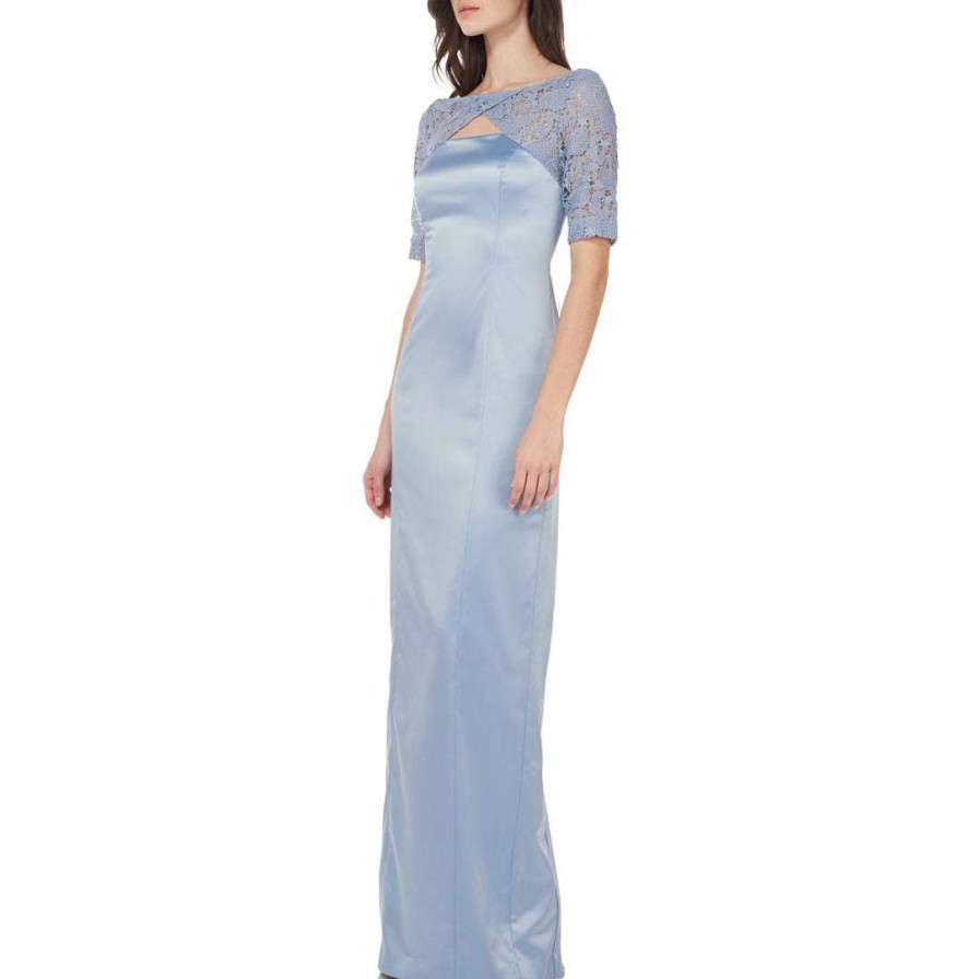 Clothing * | Js Collections Womens Satin Lace Sleeves Evening Dress Light Blue