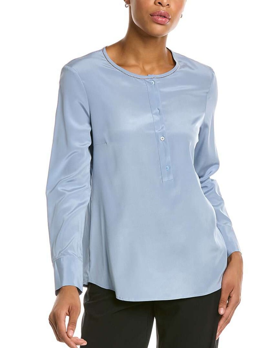 Clothing * | Women Peserico Pleated Placket Silk-Blend Top Blue