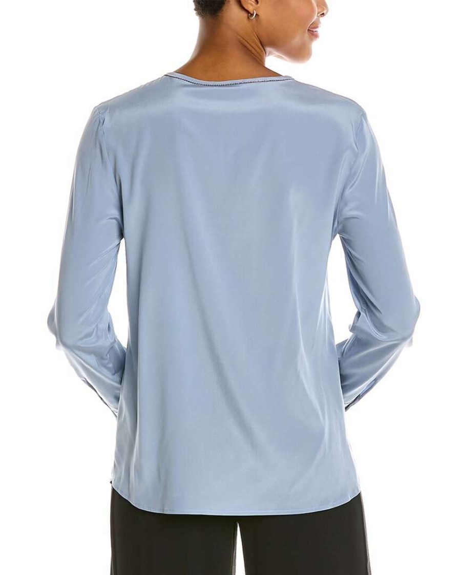 Clothing * | Women Peserico Pleated Placket Silk-Blend Top Blue