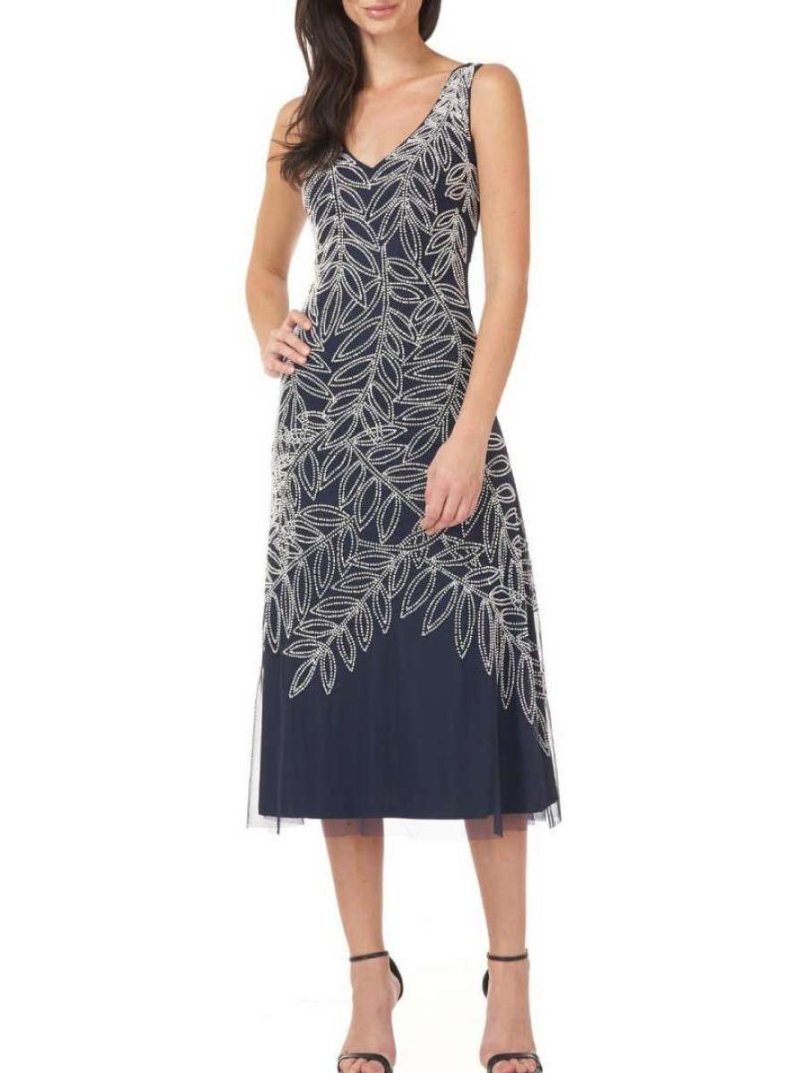 Clothing * | Js Collections Womens Beaded Midi Cocktail And Party Dress Navy/White