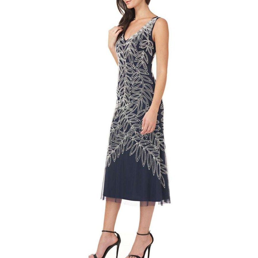 Clothing * | Js Collections Womens Beaded Midi Cocktail And Party Dress Navy/White