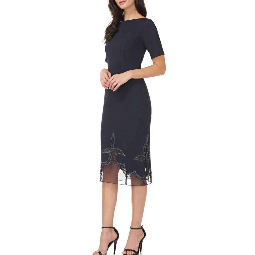 Clothing * | Js Collections Womens Beaded Illusion Hem Cocktail And Party Dress Navy