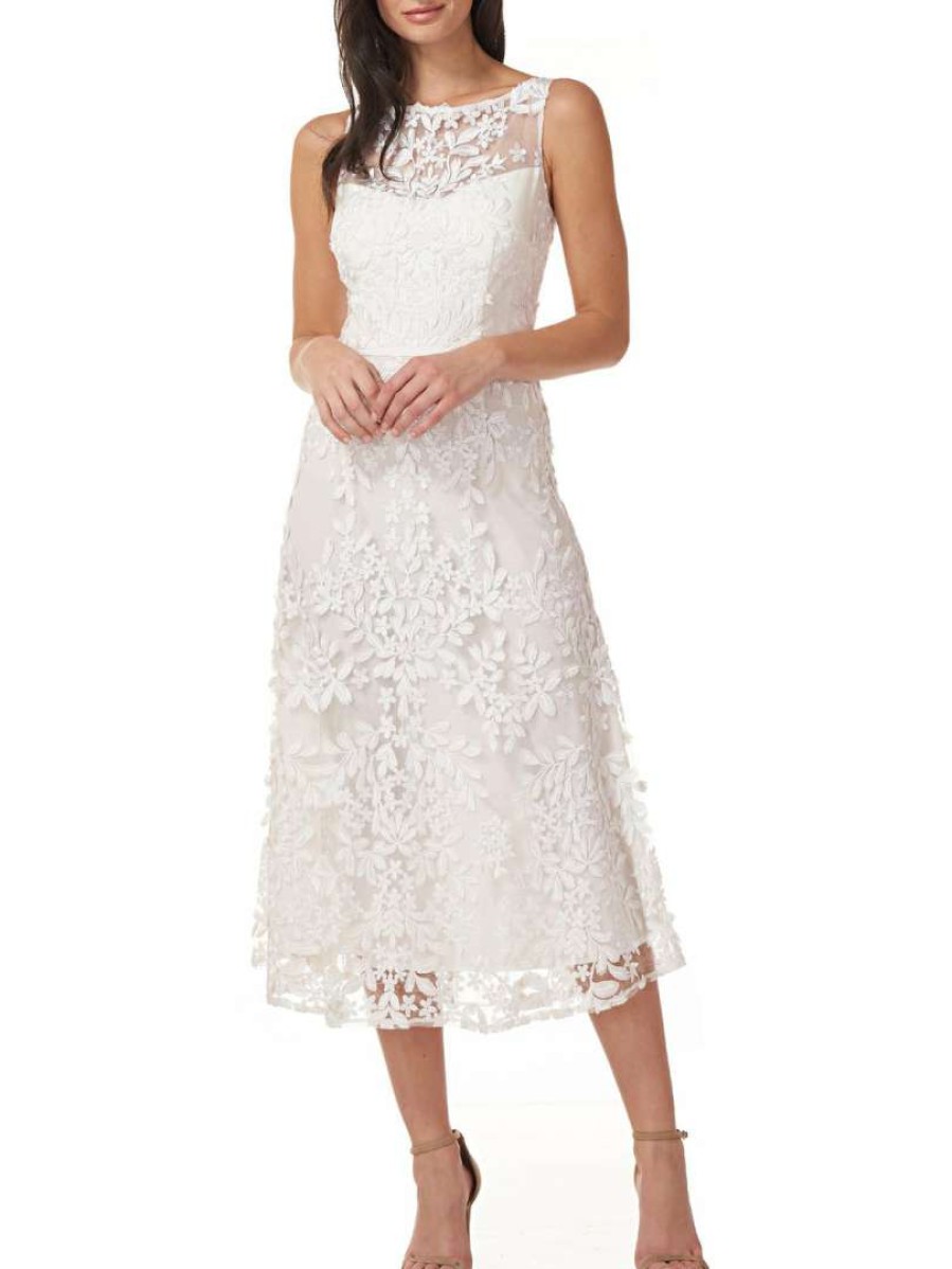 Clothing * | Js Collections Womens Floral Applique Midi Cocktail And Party Dress White