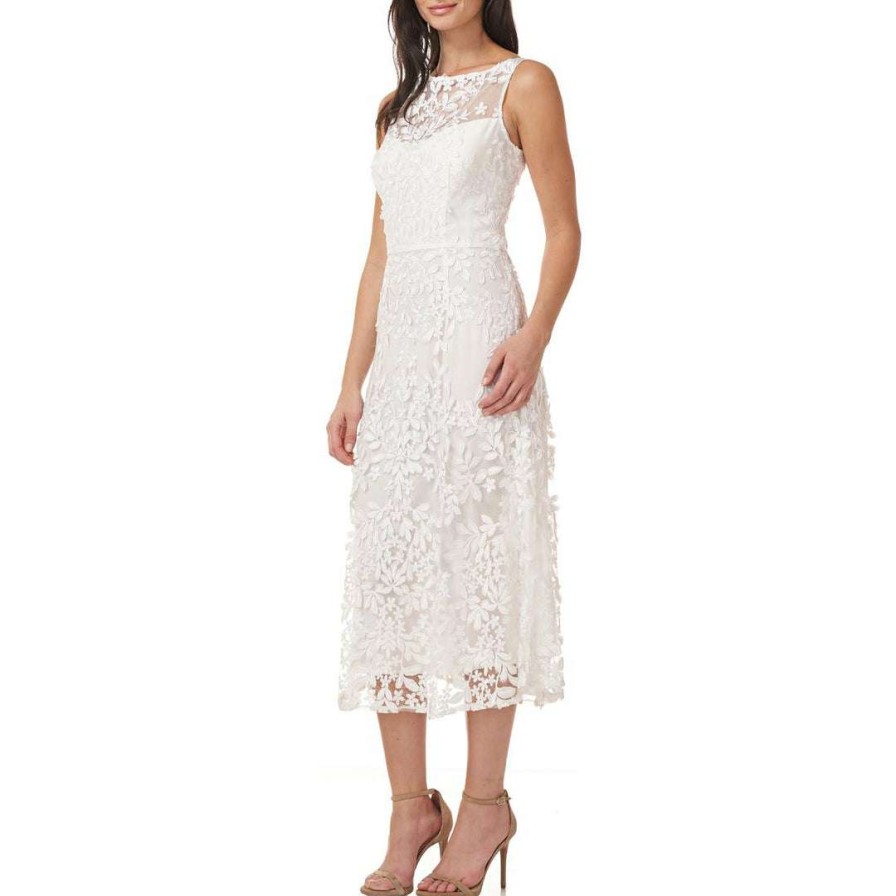 Clothing * | Js Collections Womens Floral Applique Midi Cocktail And Party Dress White