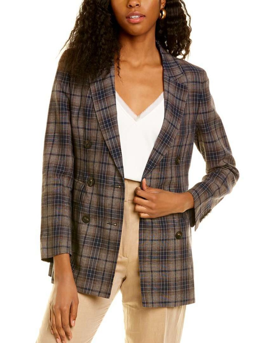 Clothing * | Women Peserico Double-Breasted Linen-Blend Jacket Grey